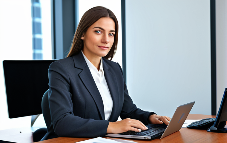리니지2 공식 포럼 이용법 - Business Professional**
"A professional businesswoman in a modest business suit, sitting at a desk ...